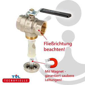 TVL SUPERFILTER - Kugelhahn mit Filter und Magnet, beids. Innengewinde 3/4 Zoll - DN 16, Messing vernickelt, Typ 3104