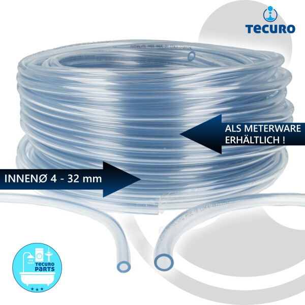 tecuro PVC-Schlauch Innen-Ø: 13 mm - Wandstärke 2 mm, transparent, flexibel, für Lebensmittel, Wasser, Öl, Benzin, max. +60°C