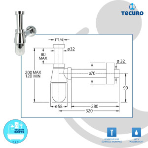 tecuro Flaschensiphon Geruchsverschluss 1 1/4 Zoll x Ø 32 mm, Kunststoff verchromt - lange Ausführung