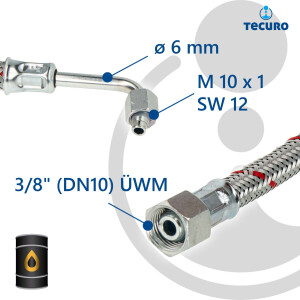 tecuro Universal Ölschlauch mit SR 6 LLR Konus mit M10x1 ÜWM - 90° Rohrbogen x 3/8 Zoll ÜWM x 1000 mm - konisch dichtend
