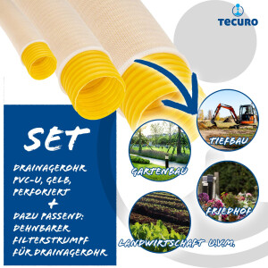 tecuro Drainagerohr, flexibel, gewellt und geschlitzt, mit Filterstrumpf, DN 50 80 100, verschiedene Längen, PVC-U, DIN 1187