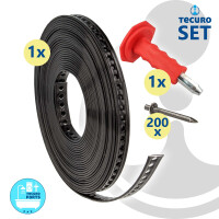 tecuro Lochband 14 mm x 10 m Rolle Stahl - Kunststoff ummantelt mit Einschlagdübel Ø 4x18 mm (200Stück) inkl. Setzeisen