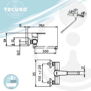 tecuro K15 DESIGN Wand - Spültischarmatur, glanzverchromt, mit Auslauf 300 mm