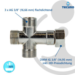 tecuro T-Stück allseitig 3/8 Zoll - Abzweigverteiler für Eckventile MS-verchromt - mit Dichtung
