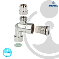tecuro Winkel-Verschraubung mit Filter 3/8 Zoll Überwurfmutter x Quetschverschraubung Ø 10 mm/3/8 Zoll AG, Messing verchromt