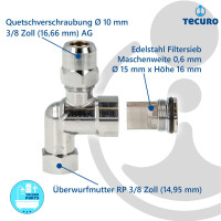 tecuro Winkel-Verschraubung mit Filter 3/8 Zoll Überwurfmutter x Quetschverschraubung Ø 10 mm/3/8 Zoll AG, Messing verchromt