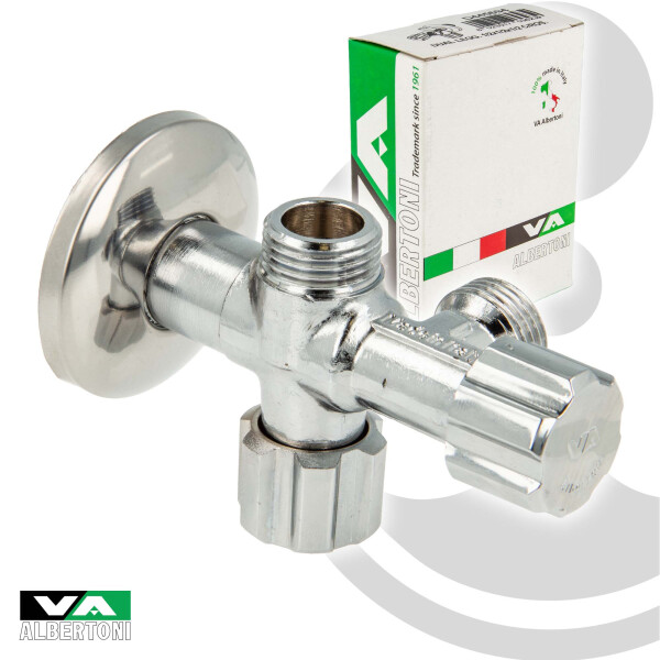 VA Albertoni Doppeleckventil Eckventil 1/2 Zoll (DN 15), mit 2 x 1/2 Zoll Abgängen, einzeln absperrbar - Messing verchromt D445694