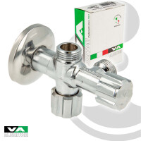 VA Albertoni Doppeleckventil Eckventil 1/2 Zoll (DN 15), mit 2 x 1/2 Zoll Abgängen, einzeln absperrbar - Messing verchromt D445694
