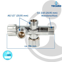 tecuro Doppeleckventil Eckventil 1/2 Zoll (DN 15), mit 2 x 1/2 Zoll Abgängen, einzeln absperrbar - Messing verchromt