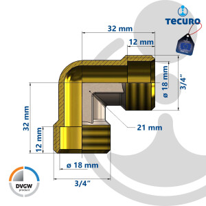 tecuro Winkel 90° mit beidseitig Eurokonus G 3/4 Zoll AG, DN 20, DVGW, Messing teilvernickelt