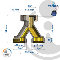 tecuro Y-Stück mit allseitig Eurokonus G 3/4 Zoll AG, DN 20, DVGW, Messing teilvernickelt