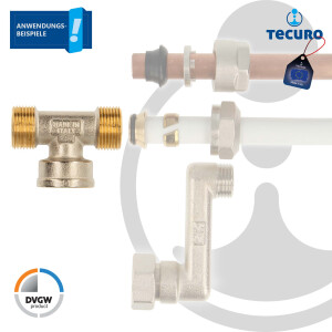tecuro T-Stück Eurokonus G 3/4 Zoll AG x 3/4 Zoll IG x Eurokonus G 3/4 Zoll AG, DN 20, DVGW, Messing teilvernickelt