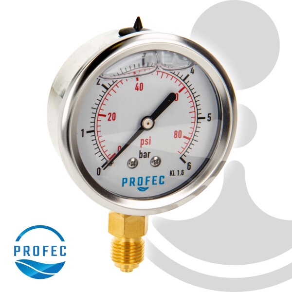 Profec Manometer 0 - 6 bar, Glyzeringefüllt, Ø 63 mm, 1/4 Zoll Anschluss nach unten Radial, Überdruck-Manometer
