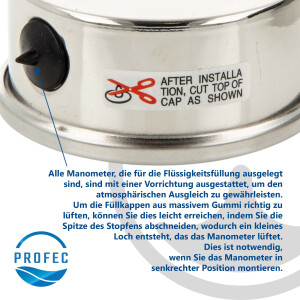 Profec Manometer 0 - 6 bar, Glyzeringefüllt, Ø 63 mm, 1/4 Zoll Anschluss nach unten Radial, Überdruck-Manometer