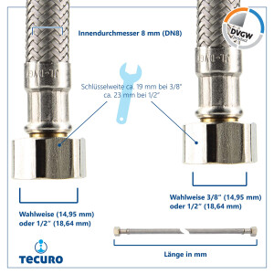 tecuro Sanitär Verbindungsschlauch 3/8 ÜWM x 1/2 ÜWM x 300 mm - KTW-A- DVGW