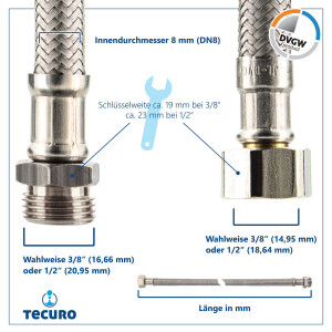 tecuro Sanitär Verbindungsschlauch 3/8 Überwurfmutter x 3/8 AG x 200 mm - KTW-A- DVGW