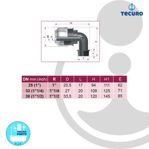 tecuro PP-Klemmverbinder Winkel 90°, für Spiralschläuche - mit Außengewinde