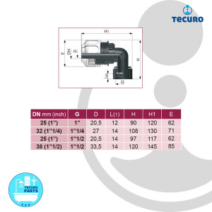 tecuro PP-Klemmverbinder Winkel 90°, für Spiralschläuche - mit Innengewinde