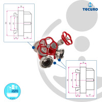 tecuro STORZ - Verteiler, mit Ventilabperrung Anschluss Storz 75-B auf 2 x 52-C, rot, mit Tragegriff