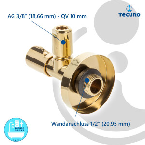 tecuro DESIGN Eckventil, vergoldet, Wandanschluss 1/2 Zoll x 3/8 Zoll - QV 10 mm, Messing