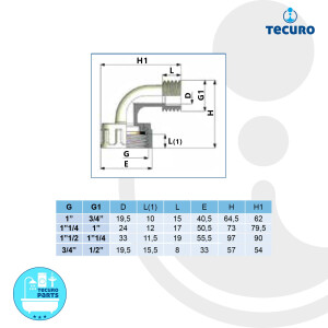tecuro 90° Winkel mit Außengewinde x Überwurfmutter, PA (nylon 66), natur