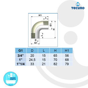 tecuro 90° Winkel mit beidseitig Außengewinde, PA (nylon 66), natur