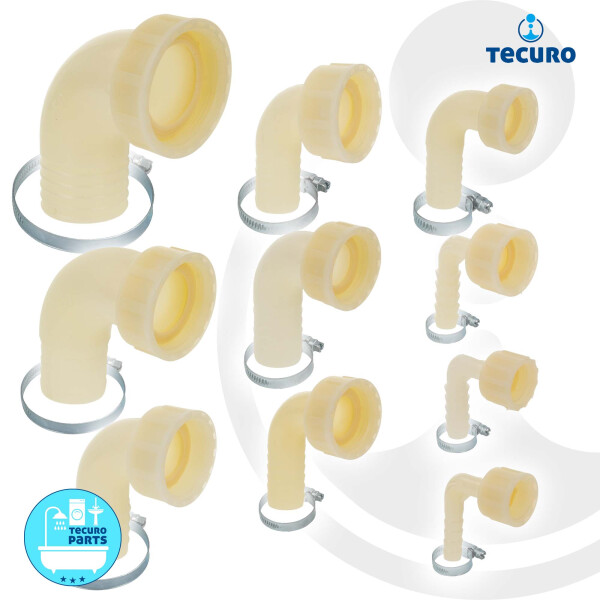 tecuro 90° Winkel-Schlauchtülle x Überwurfmutter, inkl. Schlauchschelle, PA (nylon 66), natur