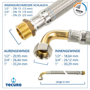 tecuro Flexschlauch Panzerschlauch DN 13 - 1/2 ÜWM-Bogen 90° x 1/2 AG x 500 mm, DVGW, KTW-A