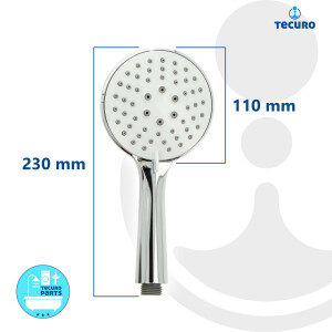 tecuro Komfort-Handbrause Ø 110 mm - mit 3-Funktionen und Antikalknoppen, verchromt