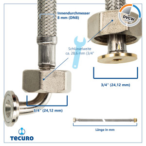 tecuro Trinkwasser Zulaufschlauch IG mit Bogen 90° x IG - KTW-A- DVGW 3/4 x 3/4 x 1500 mm