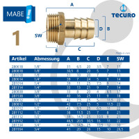 tecuro Sauger Schlauchstutzen-Schlauchtülle Ø 8 mm x Außengewinde G 1/4 Zoll - Messing blank