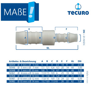 tecuro Schlauchverbinder reduziert  Ø 8 mm x Ø 12 mm - Nylon weiß