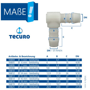 tecuro Schlauchverbinder 90° Winkel Ø 14 mm - Nylon weiß