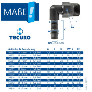 tecuro Winkel-Schlauchtülle mit AG - Ø 12 mm x 1/2 Zoll - Nylon grau