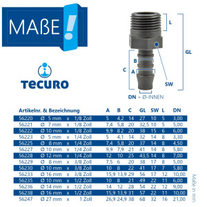 tecuro Schlauchtülle Ø 8-10 mm x 1/4 Zoll AG - Nylon grau