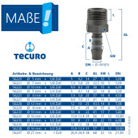 tecuro Schlauchtülle Ø 25-27 mm x 1 Zoll AG - Nylon grau