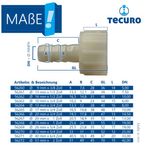tecuro Schlauchtülle  mit IG Überwurf - Ø 13 mm x 1/2 Zoll - Nylon weiß