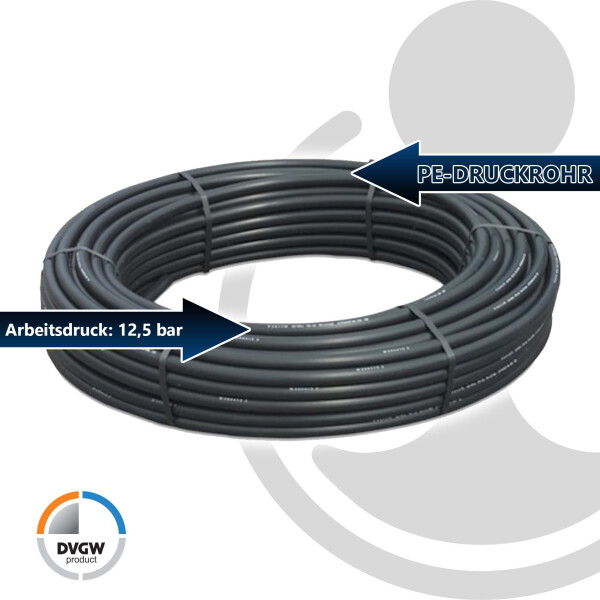 PE Druckrohr Ø 25  x 2,3 mm - Länge 50 m - PE 80/SDR 11/12,5 bar/DVGW