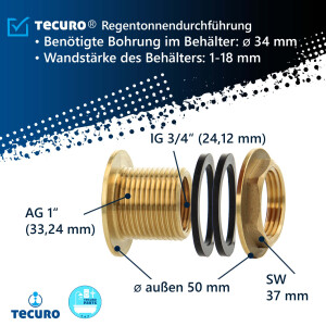 tecuro  Regentonnendurchführung IG 3/4 x AG 1 Zoll - für Behälter, Tanks und Fässer - Messing
