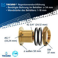 tecuro  Regentonnendurchführung IG 3/4 x AG 1 Zoll - für Behälter, Tanks und Fässer - Messing