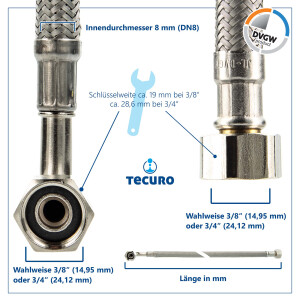 tecuro Trinkwasser Zulaufschlauch IG mit Bogen 90° x IG - KTW-A- DVGW 3/8 x 3/8 x 800 mm