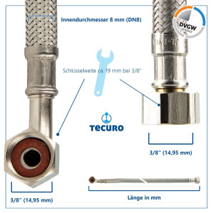 tecuro Trinkwasser Zulaufschlauch IG mit Bogen 90° x IG - KTW-A- DVGW 3/8 x 3/8 x 1000 mm
