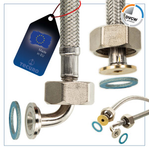 tecuro Trinkwasser Zulaufschlauch IG mit Bogen 90° x IG - KTW-A- DVGW 3/8 x 3/8 x 1500 mm