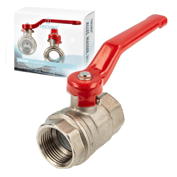 tecuro Kugelhahn, beidseitig Innengewinde Rp 1/2 Zoll (DN 15) Stahlhebel lang, Messing vernickelt