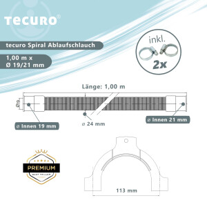 tecuro Spiral Ablaufschlauch 1,00 m x Ø 19/21 mm, knickfest, mit Schlauchhalter und Schellen