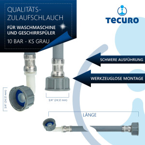 tecuro Zulaufschlauch 2,50 m, für Waschmaschine Geschirrspüler, 10 bar, KS-grau