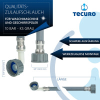 tecuro Zulaufschlauch 2,50 m, für Waschmaschine Geschirrspüler, 10 bar, KS-grau