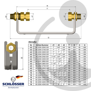 JS Wasserzähler-Bügel 2 x 2 Zoll, für Hauswasserzähler mit Baulänge 300 mm, nicht verstellbar, Edelstahl