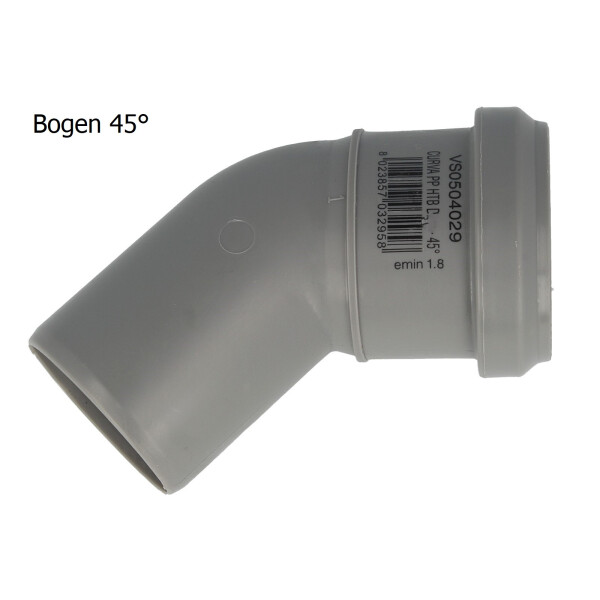 HT Bogen Ø 32 x 45°, mit einseitiger Steckmuffe und Gummidichtung