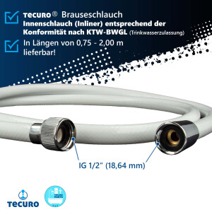 tecuro 125 cm Brauseschlauch EASY 1/2 Zoll Drehkonusmutter x 1/2 Zoll Rändelmutter, weiß/chrom, Trinkwasser-Konform, KTW BWGL, DIN EN 1113